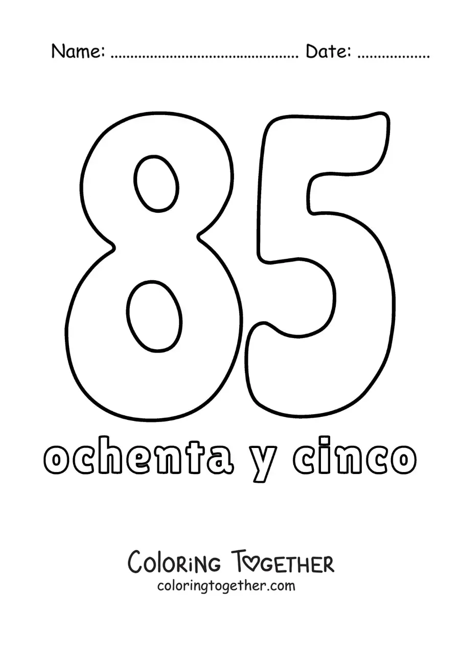 Coloring page of a number 85 flashcard to learn natural numbers