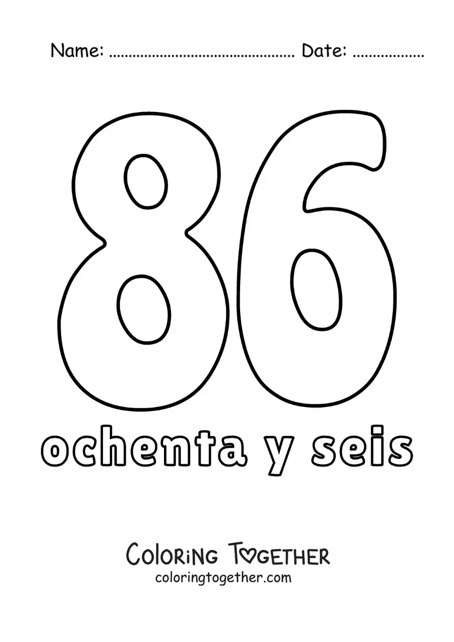 Coloring page of a number 86 flashcard to learn natural numbers