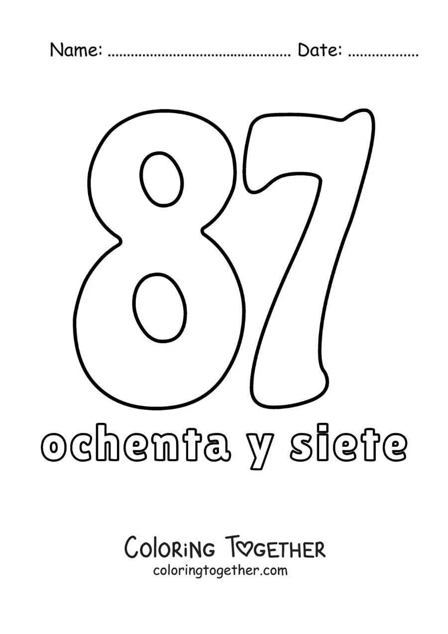 Coloring page of a number 87 flashcard to learn natural numbers