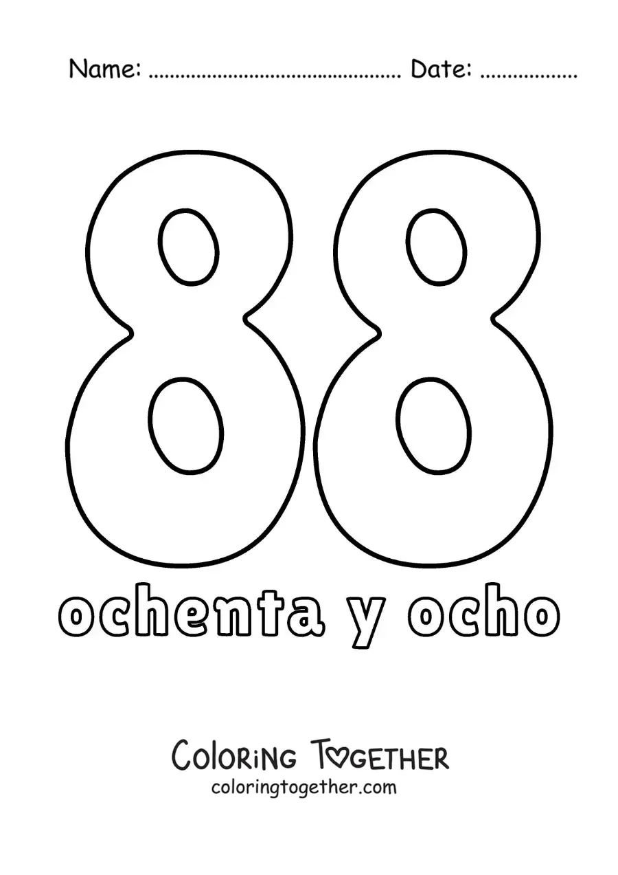 Coloring page of a number 88 flashcard to learn natural numbers