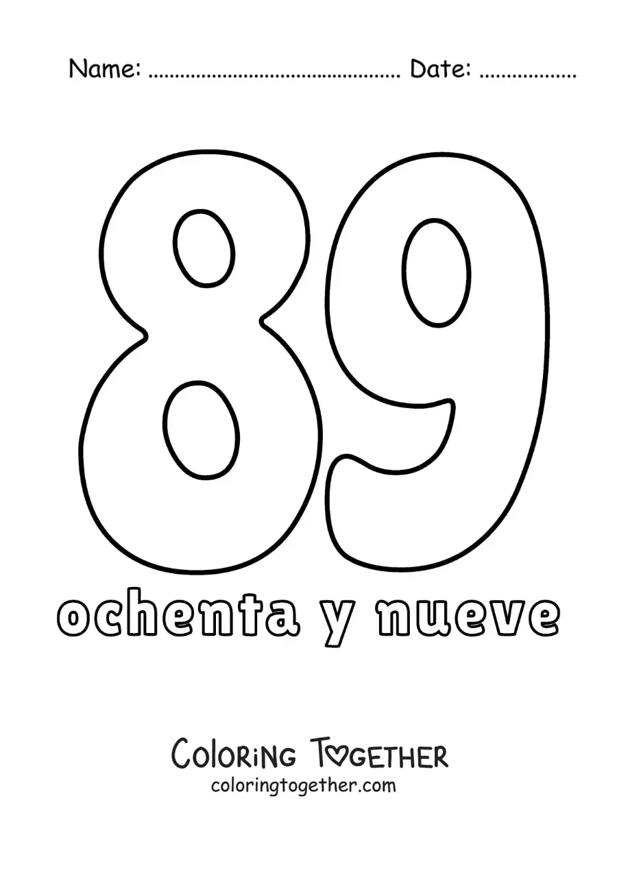 Coloring page of a number 89 flashcard to learn natural numbers