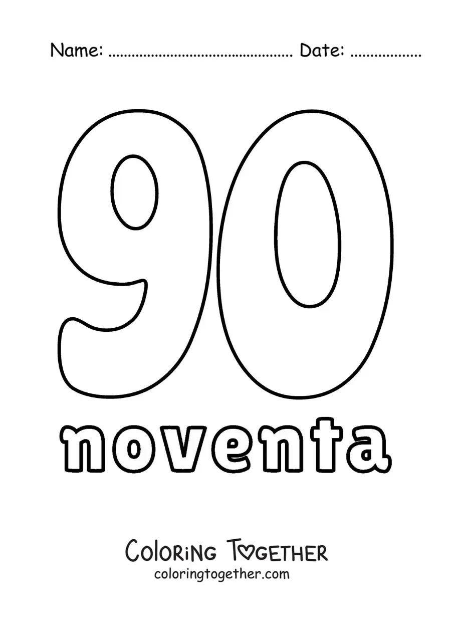 Coloring page of a number 90 flashcard to learn natural numbers