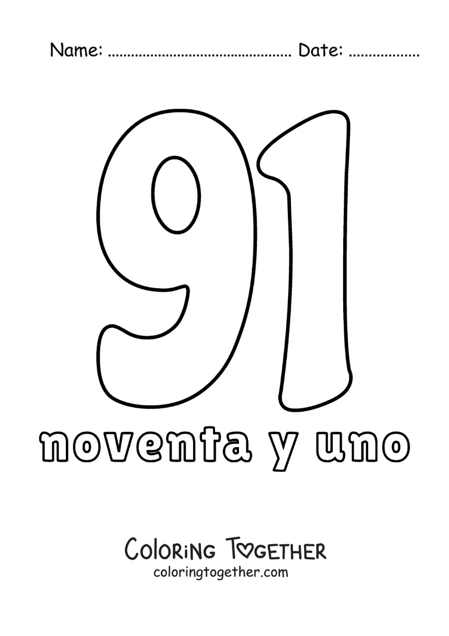 Coloring page of a number 91 flashcard to learn natural numbers