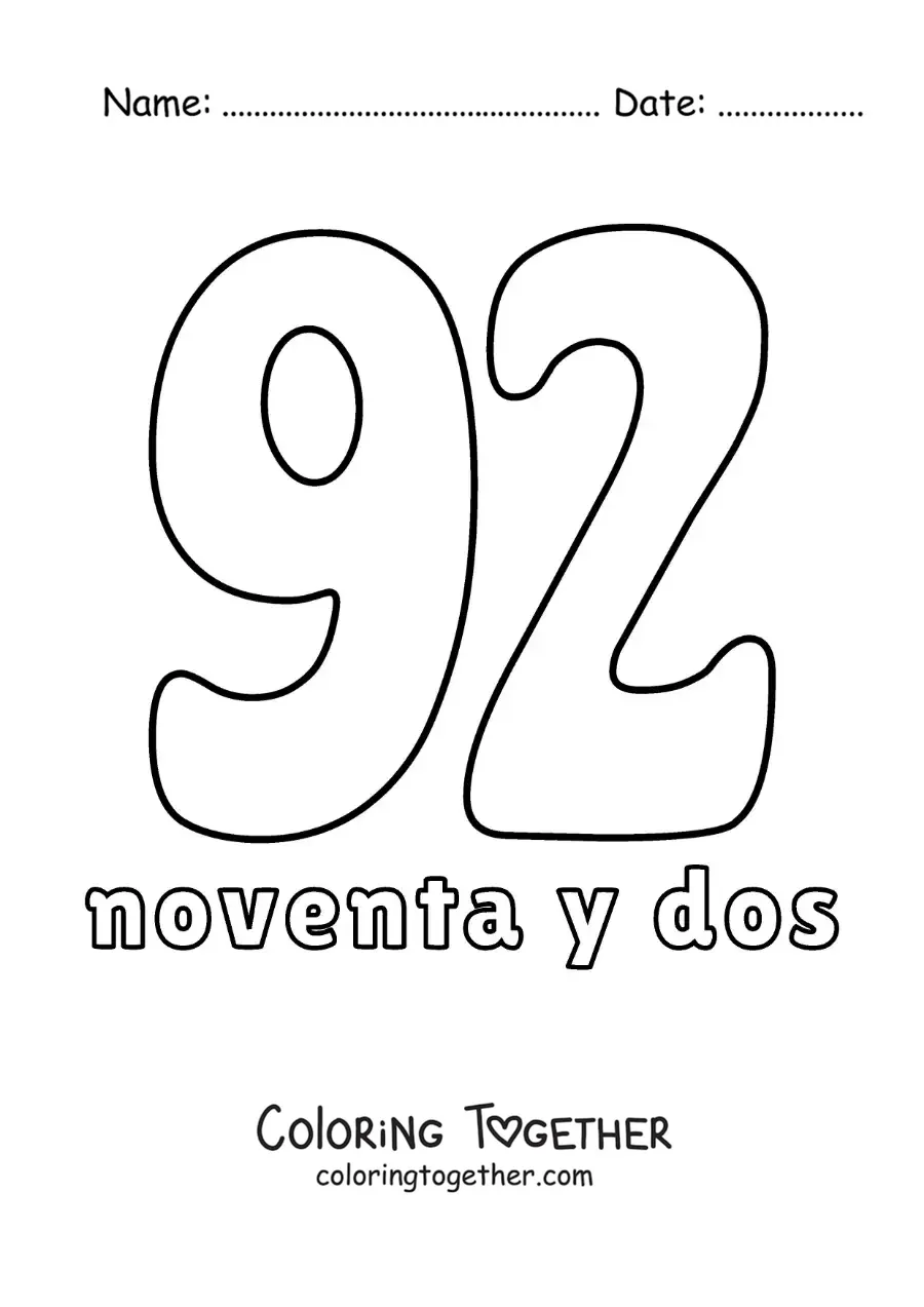 Coloring page of a number 92 flashcard to learn natural numbers