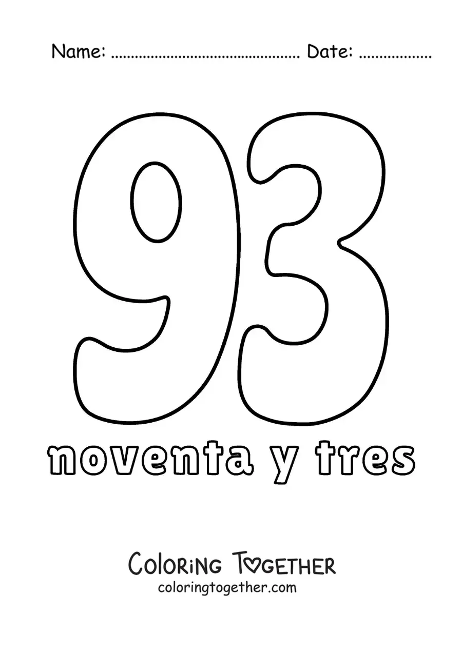 Coloring page of a number 93 flashcard to learn natural numbers