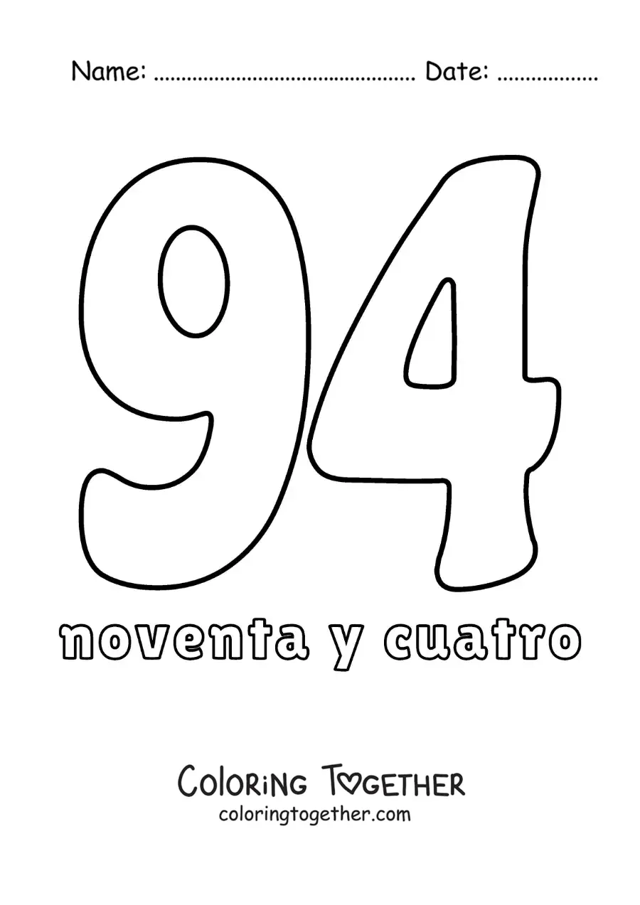 Coloring page of a number 94 flashcard to learn natural numbers