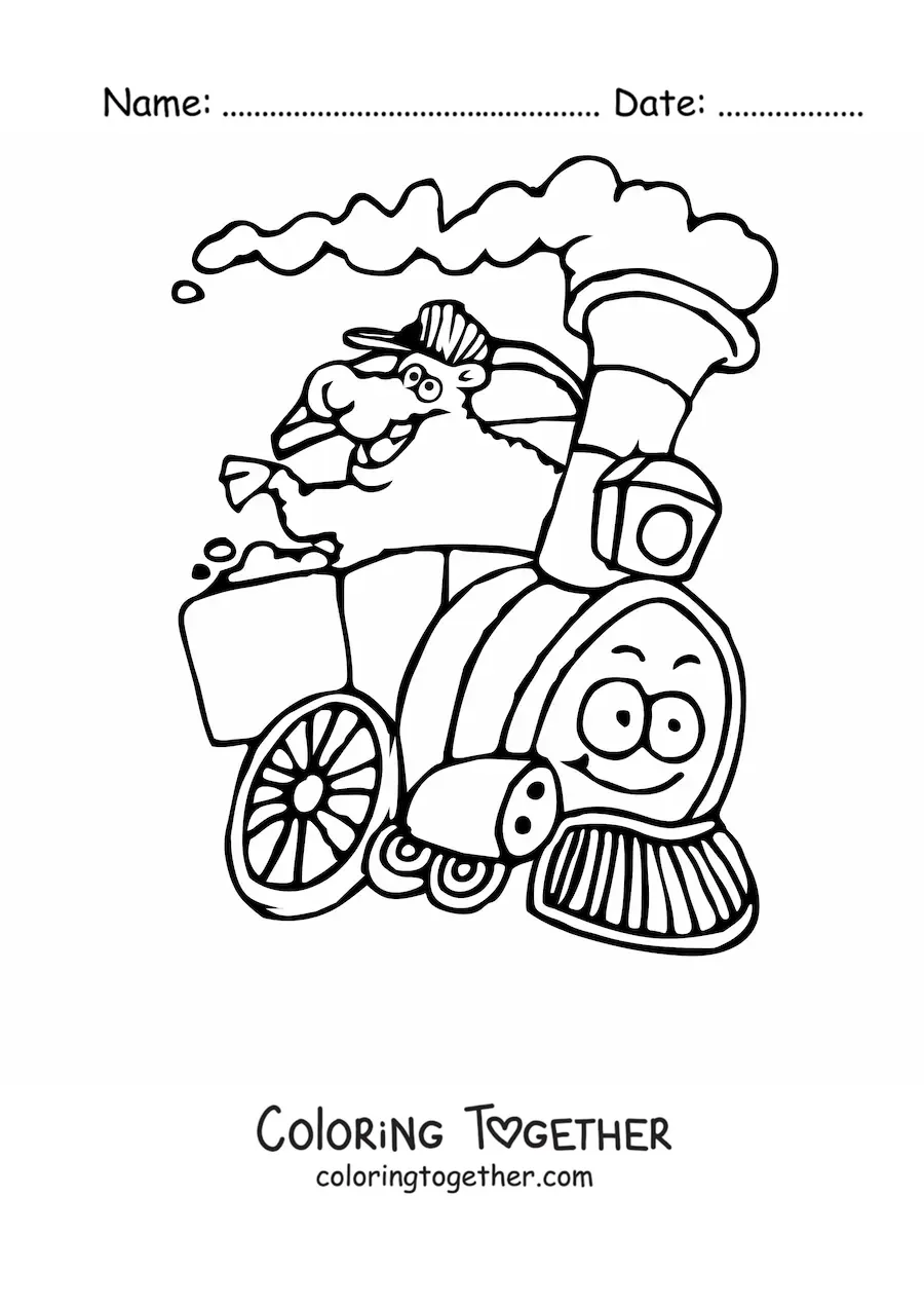 Coloring page of a cartoon sheep on a train