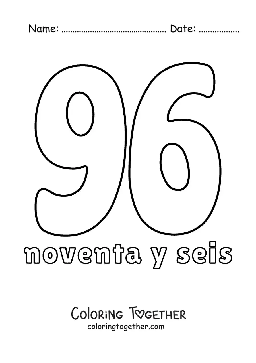 Coloring page of a flashcard of the number 96 to learn natural numbers