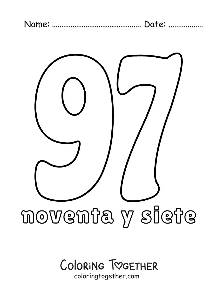Coloring page of a flashcard of the number 97 to learn natural numbers