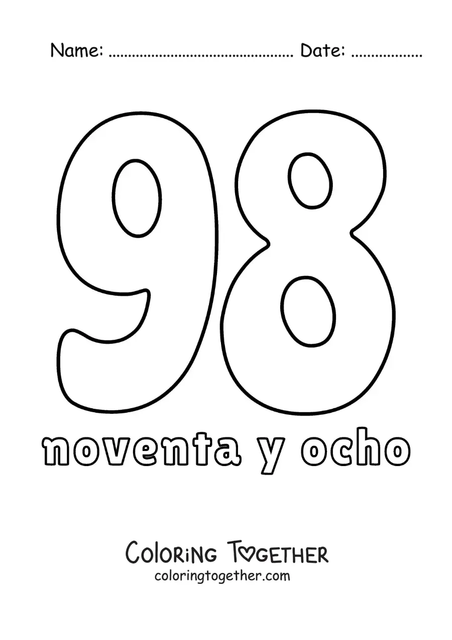 Coloring page of a flashcard of the number 98 to learn natural numbers