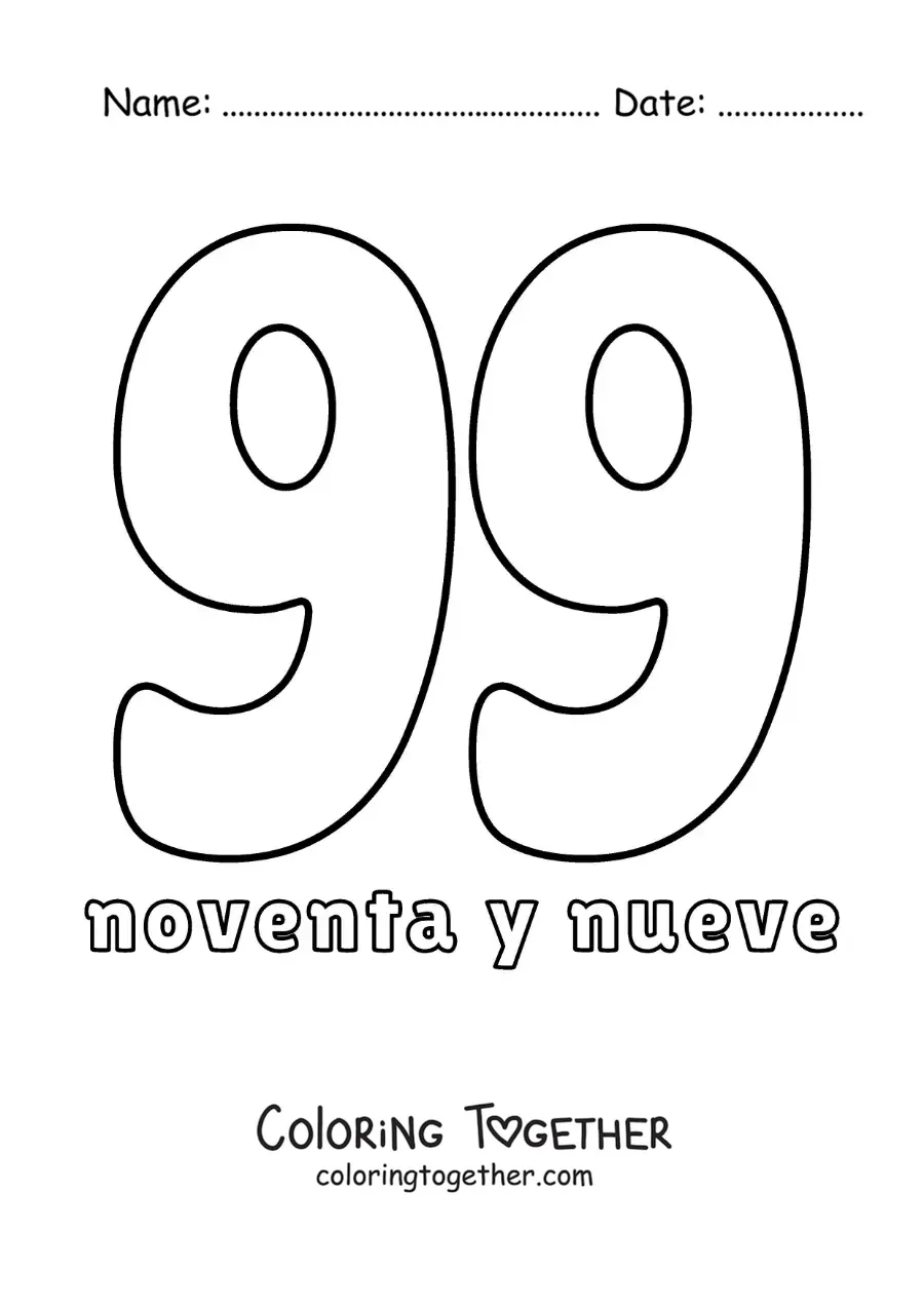 Coloring page of a flashcard of the number 99 to learn natural numbers