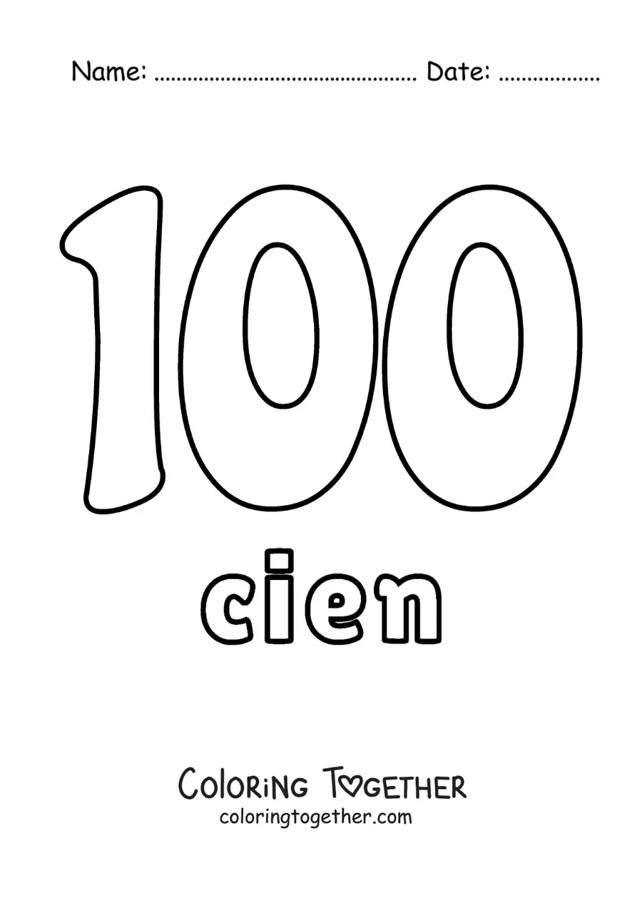 Coloring page of a flashcard of the number 100 to learn natural numbers