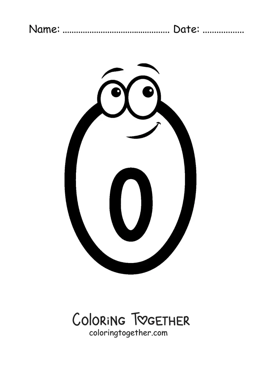 Coloring page of the animated number 0 for kids