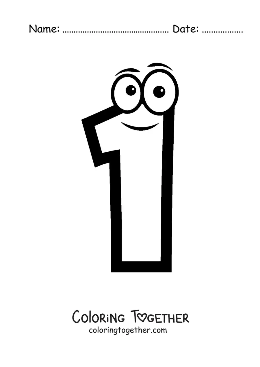 Coloring page of the animated number 1 for kids