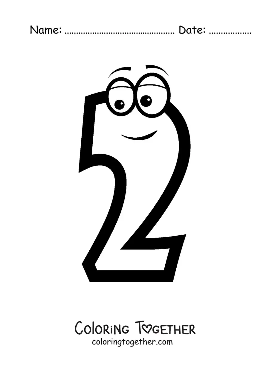 Coloring page of the animated number 2 for kids