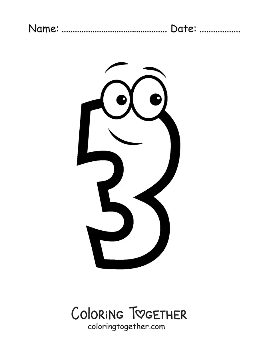Coloring page of the animated number 3 for kids