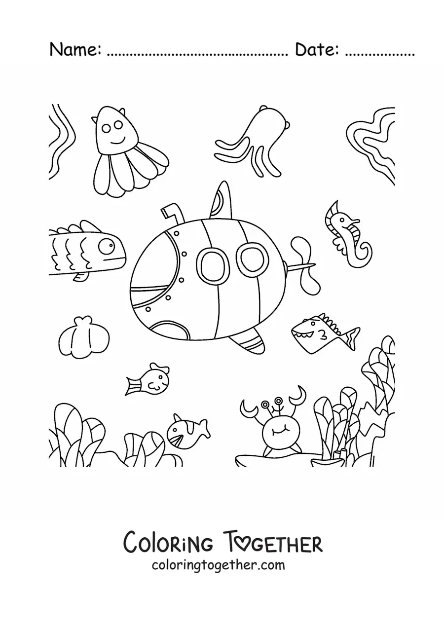 Coloring page of a submarine surrounded by cartoon fish