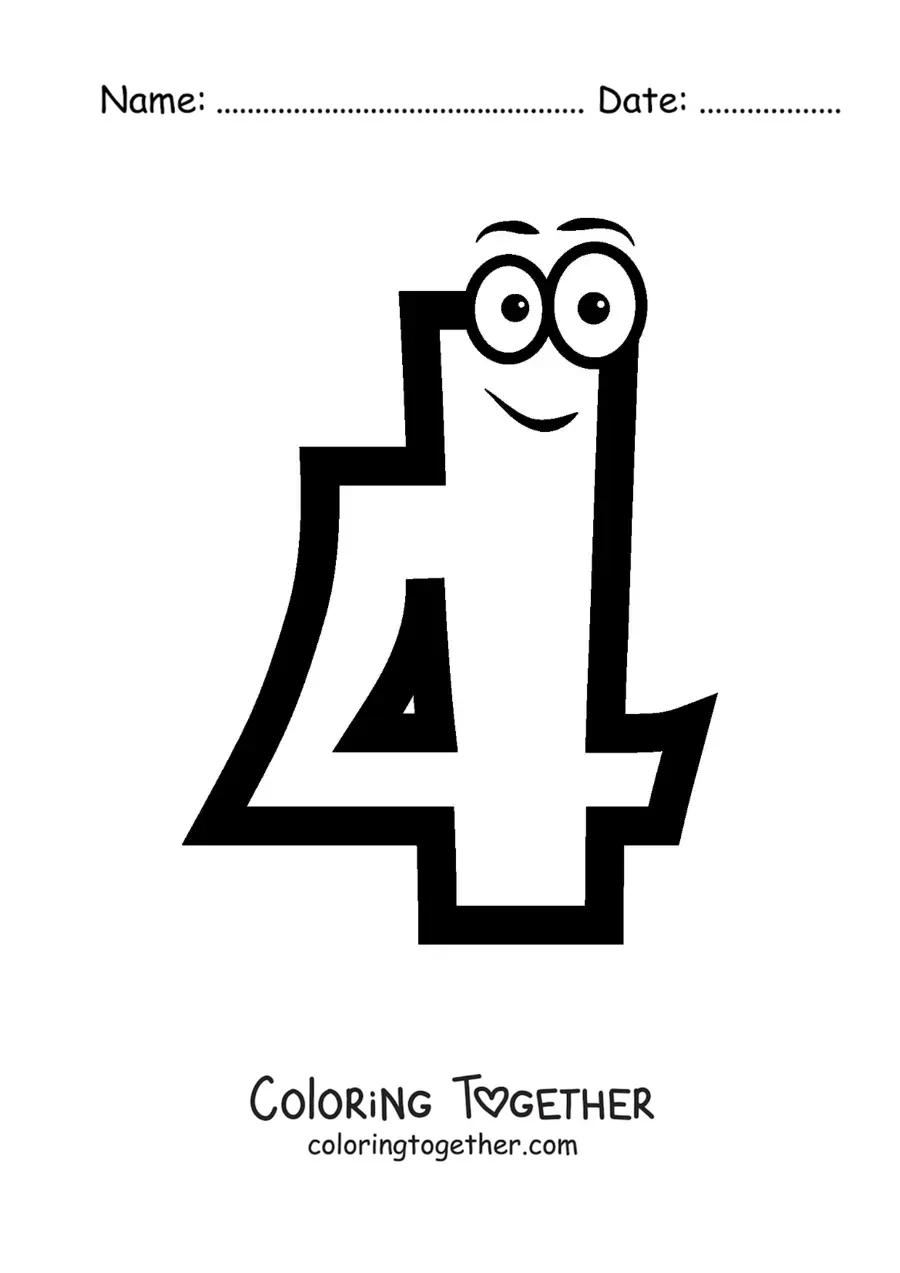Coloring page of the animated number 4 for kids