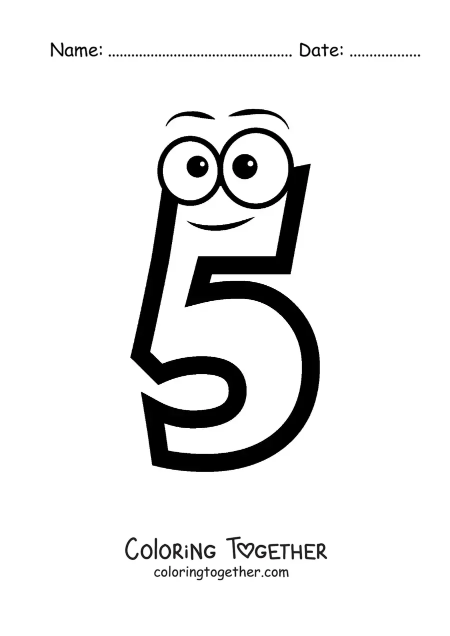 Coloring page of the animated number 5 for kids