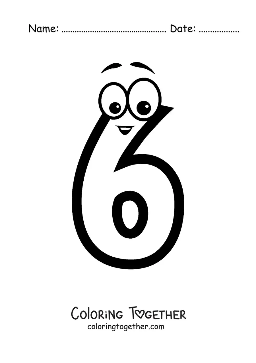 Coloring page of the animated number 6 for kids