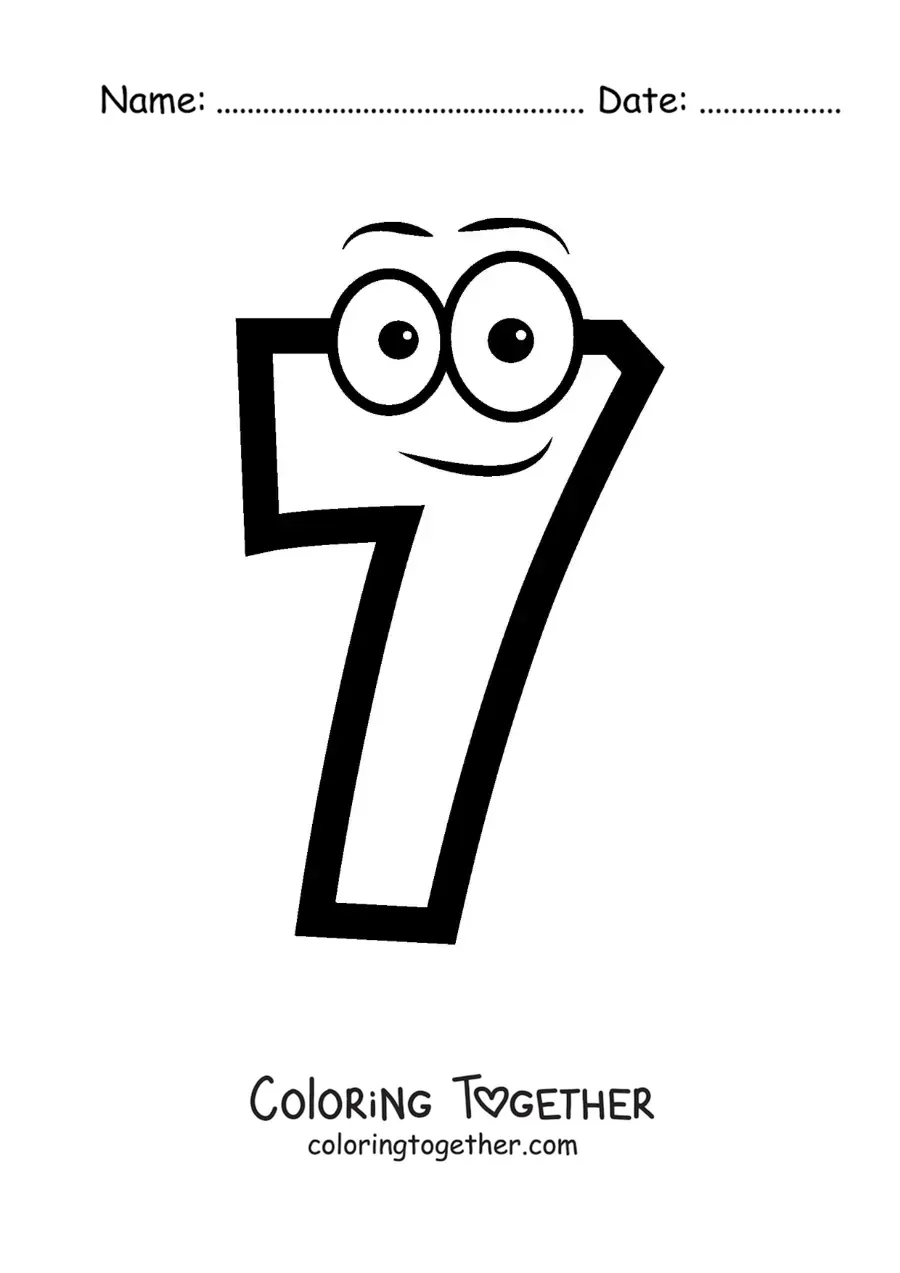 Coloring page of the animated number 7 for kids