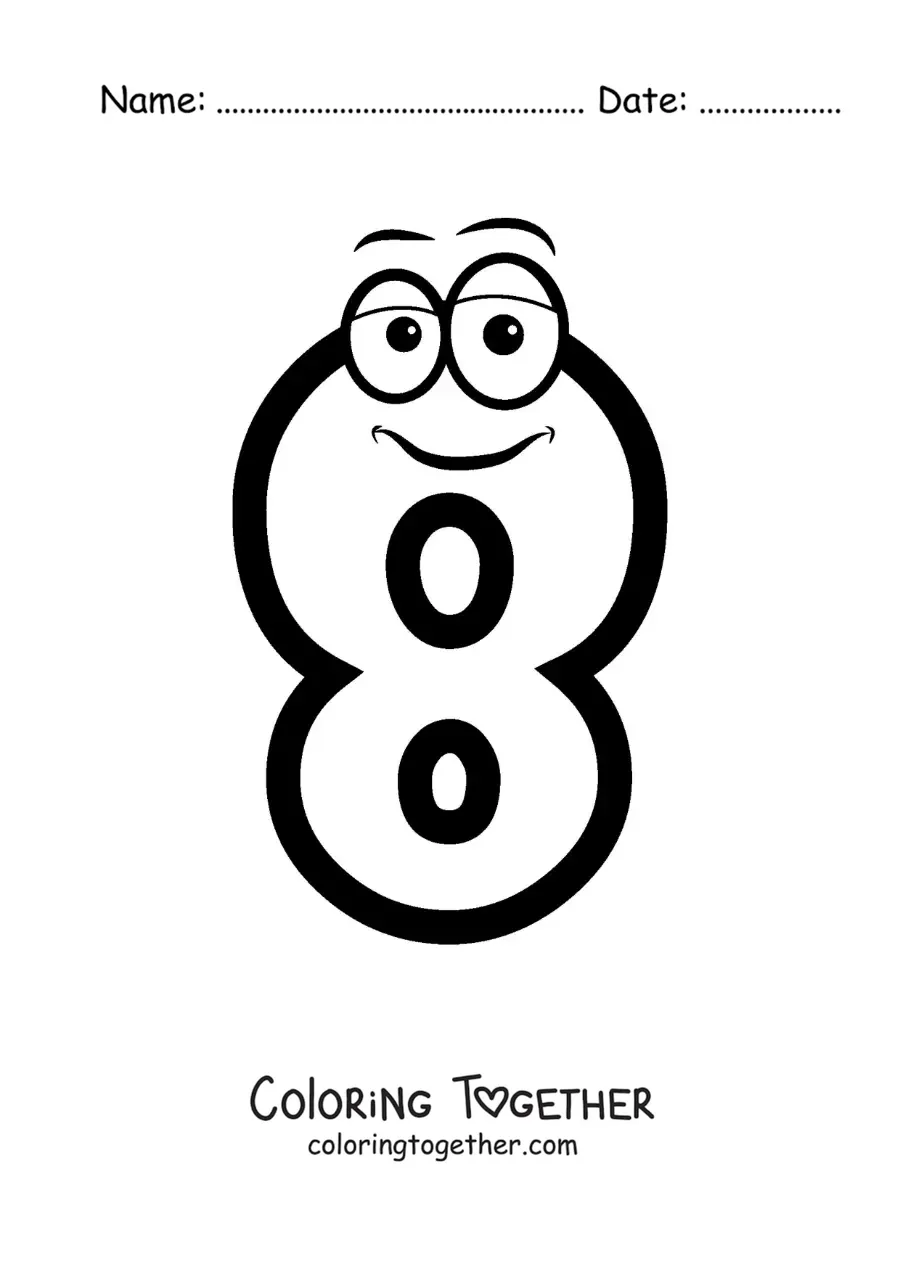 Coloring page of the animated number 8 for kids