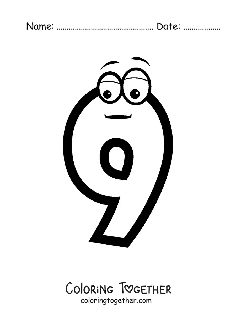 Coloring page of the animated number 9 for kids