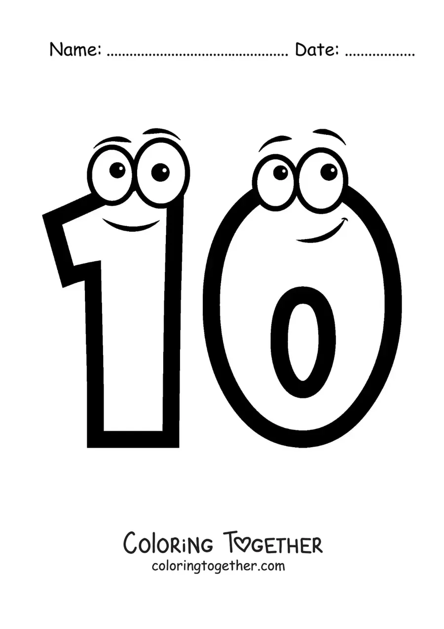 Coloring page of the animated number 10 for kids