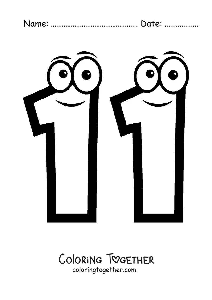 Coloring page of the animated number 11 for kids