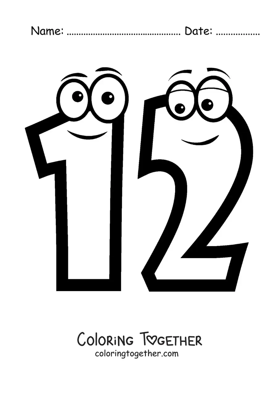 Coloring page of the animated number 12 for kids