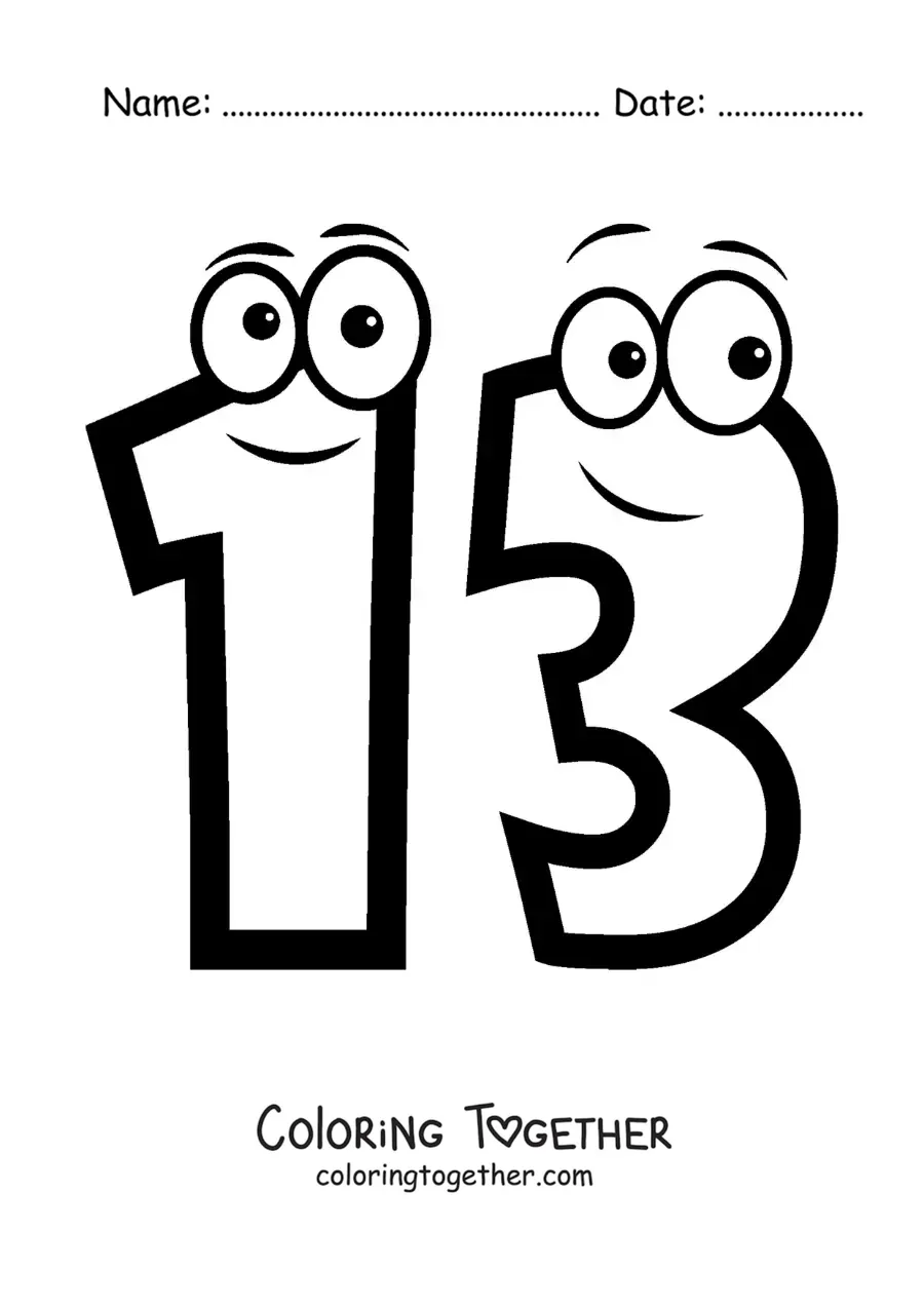 Coloring page of the animated number 13 for kids