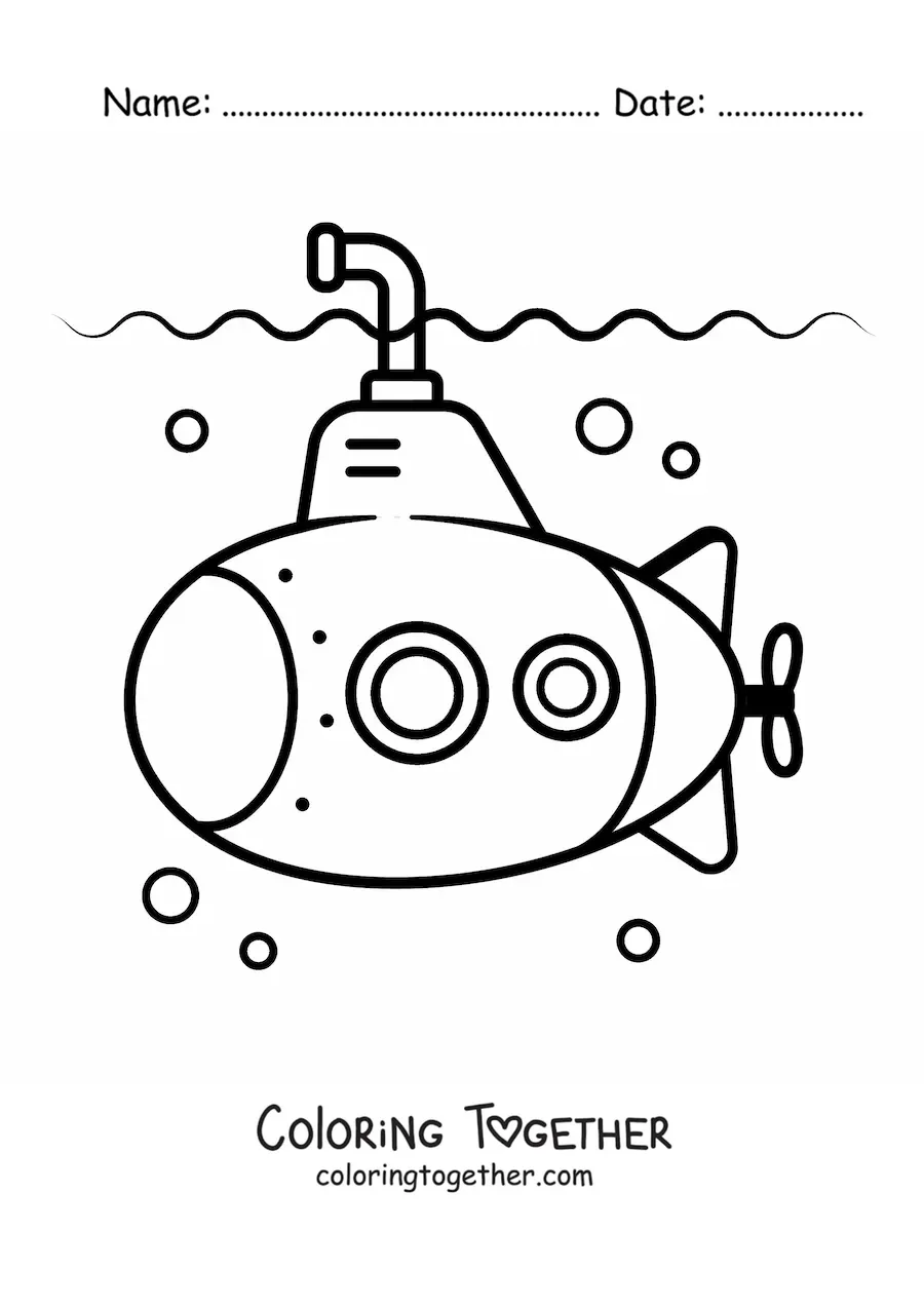 Coloring page of a cartoon submarine underwater