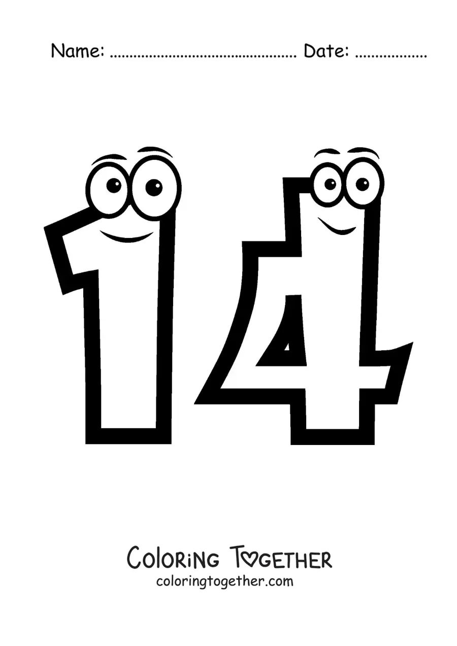 Coloring page of the animated number 14 for kids