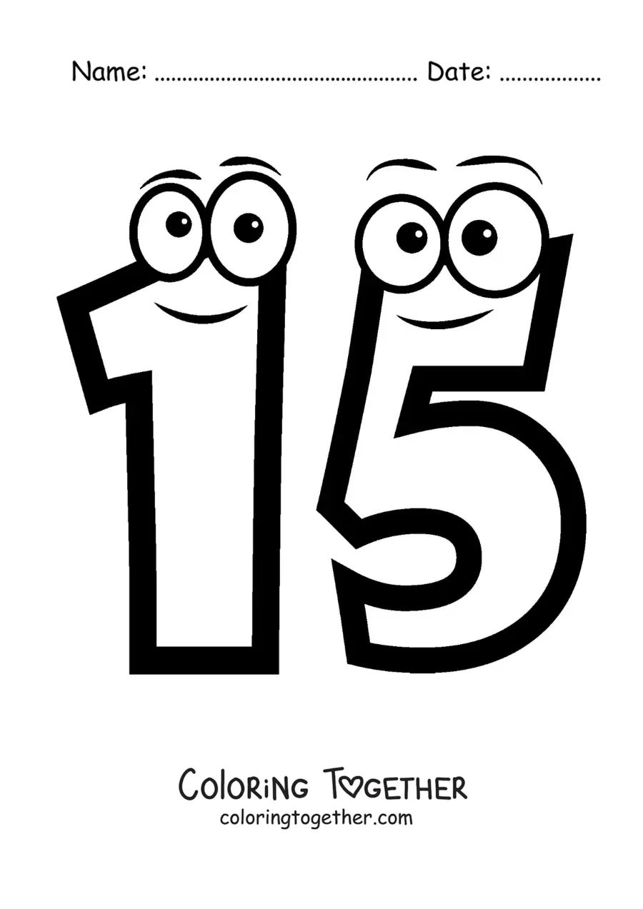 Coloring page of the animated number 15 for kids