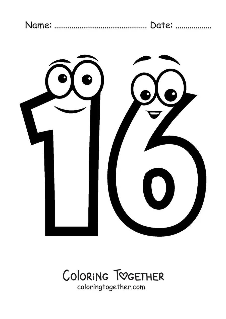 Coloring page of the animated number 16 for kids