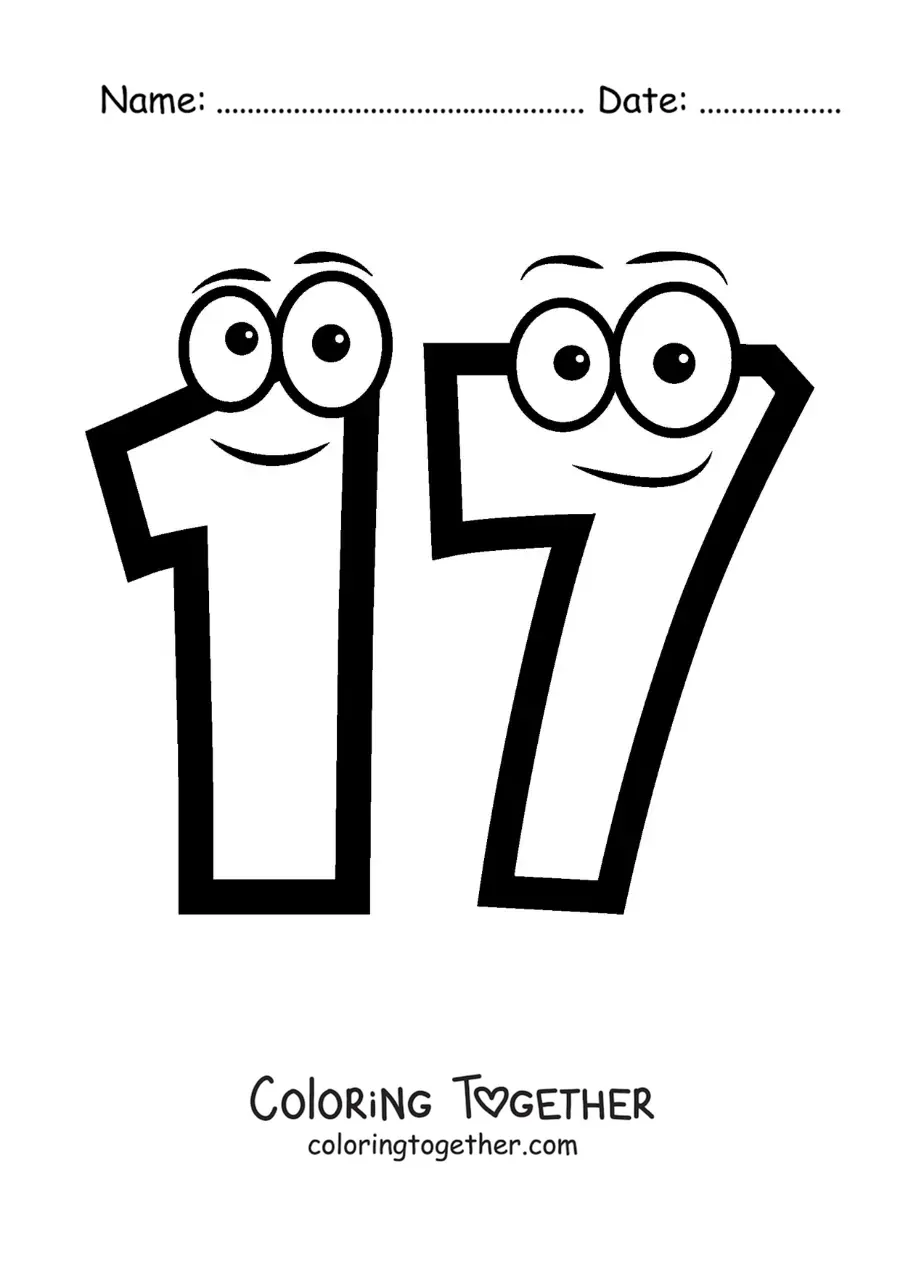 Coloring page of the animated number 17 for kids