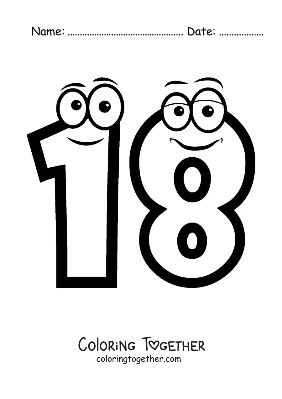 Coloring page of the animated number 18 for kids