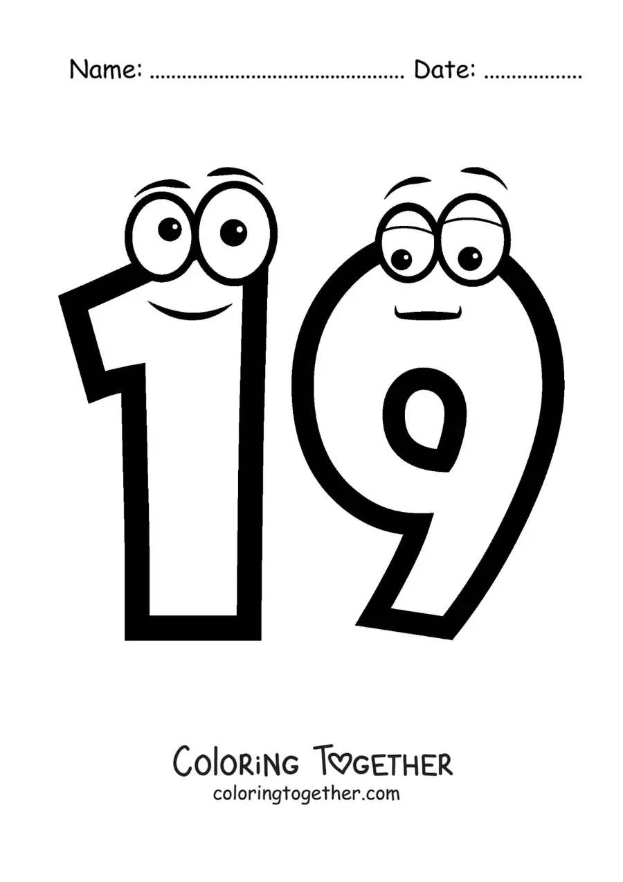 Coloring page of the animated number 19 for kids