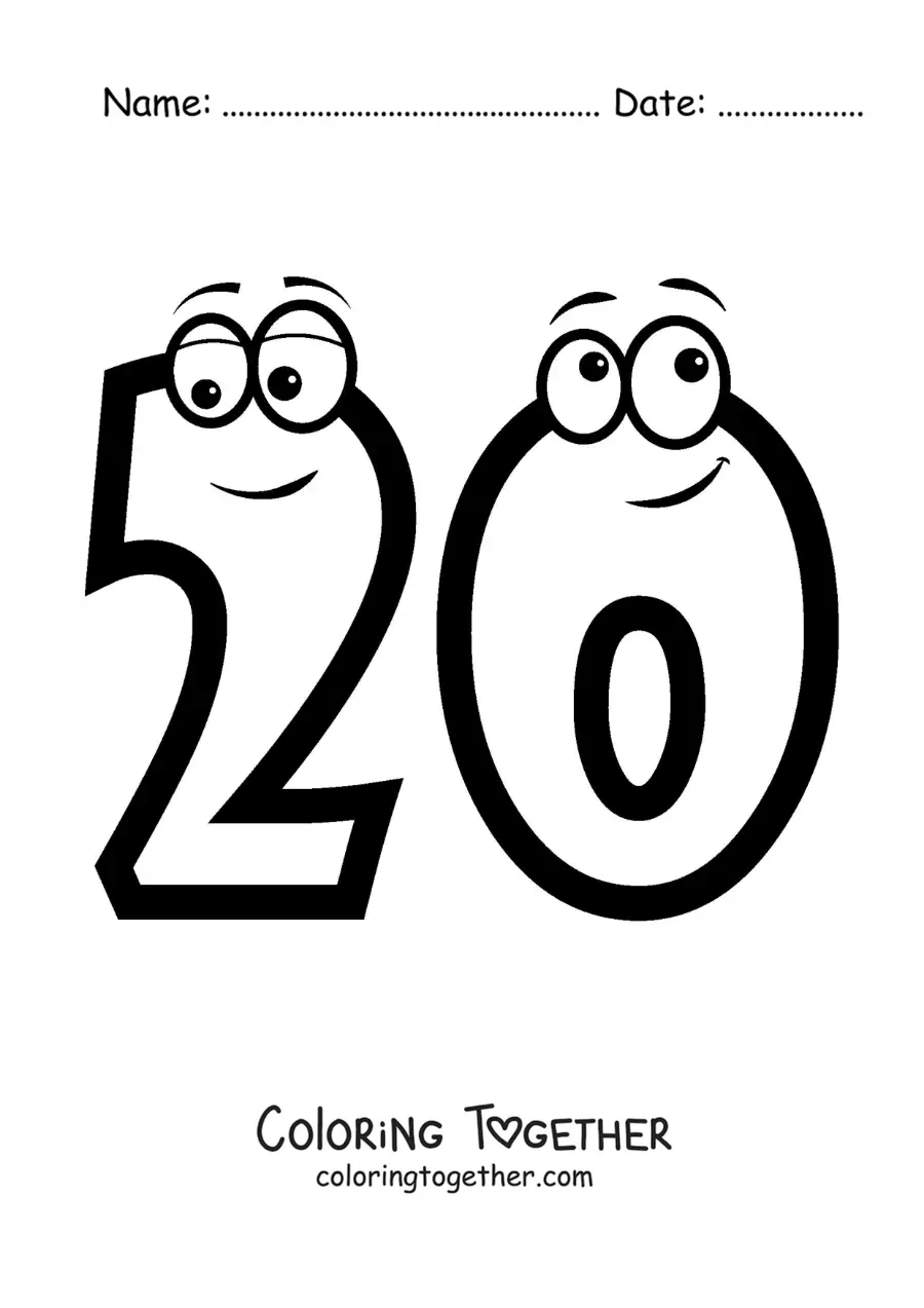 Coloring page of the animated number 20 for kids