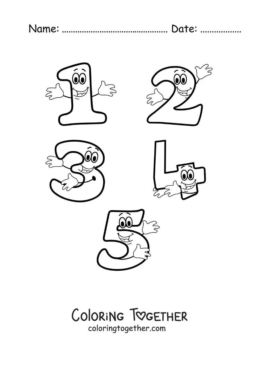Coloring page of the animated numbers 1 to 5 for kids