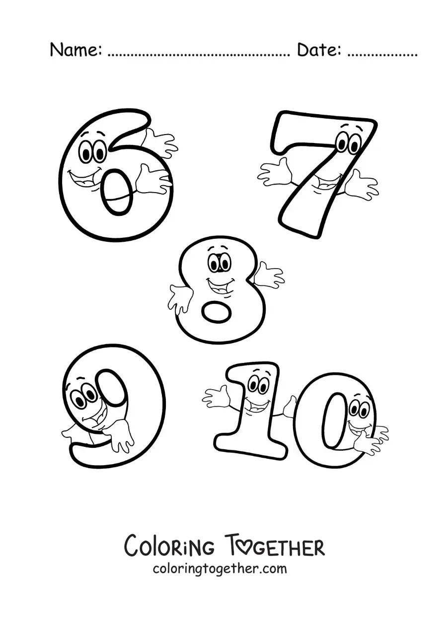 Coloring page of the animated numbers 6 to 10 for kids