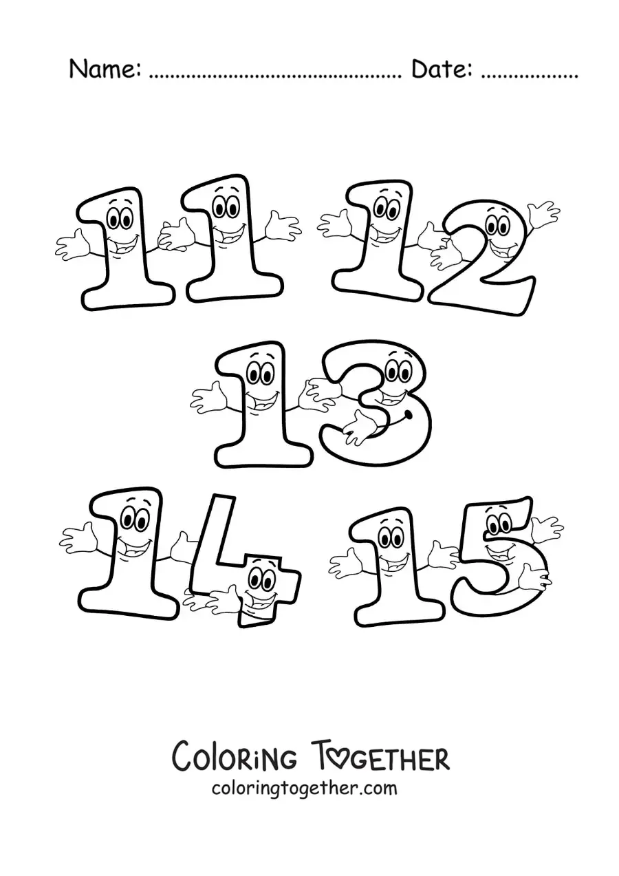 Coloring page of the animated numbers 11 to 15 for kids