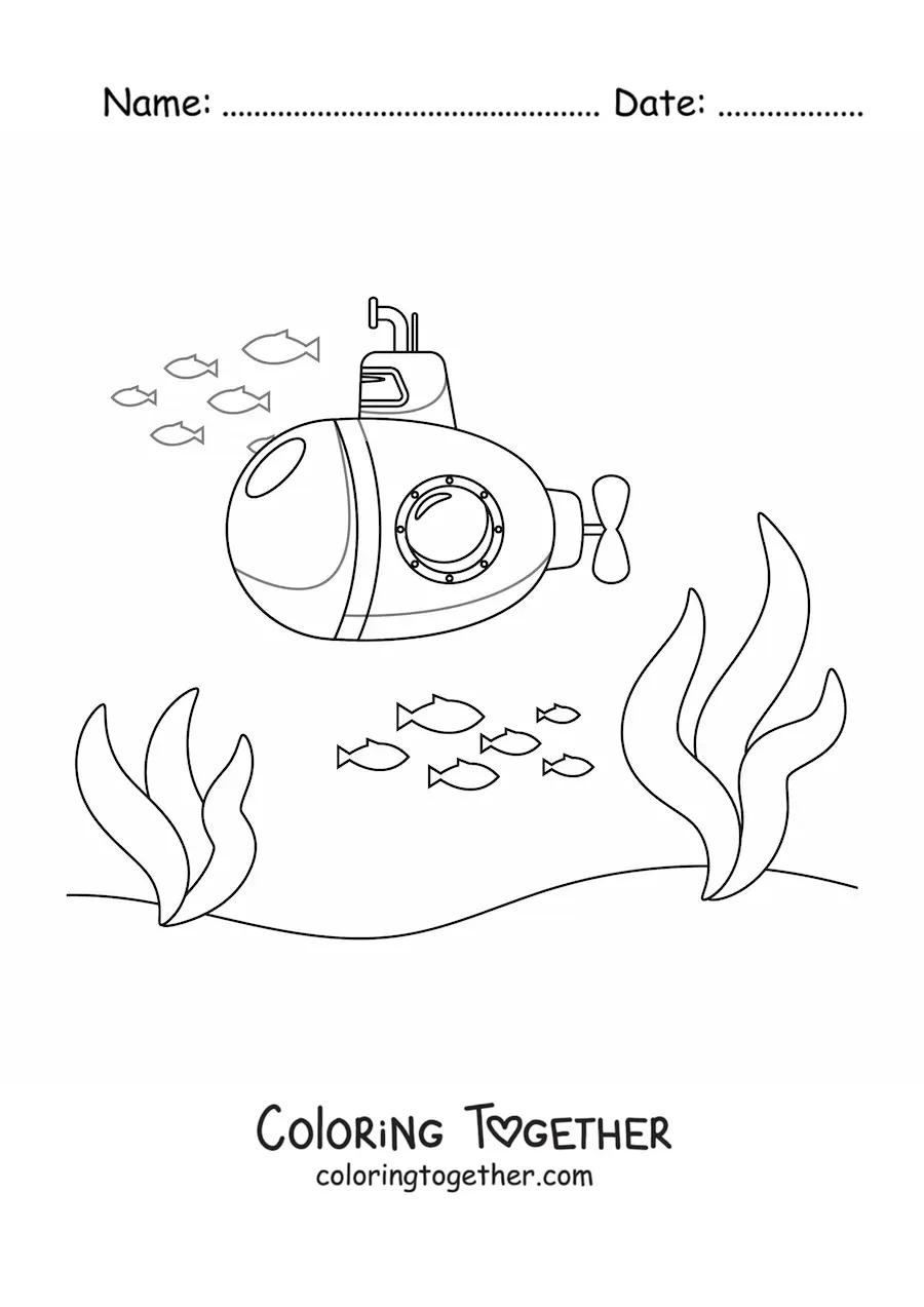 Coloring page of a cartoon submarine on the ocean floor