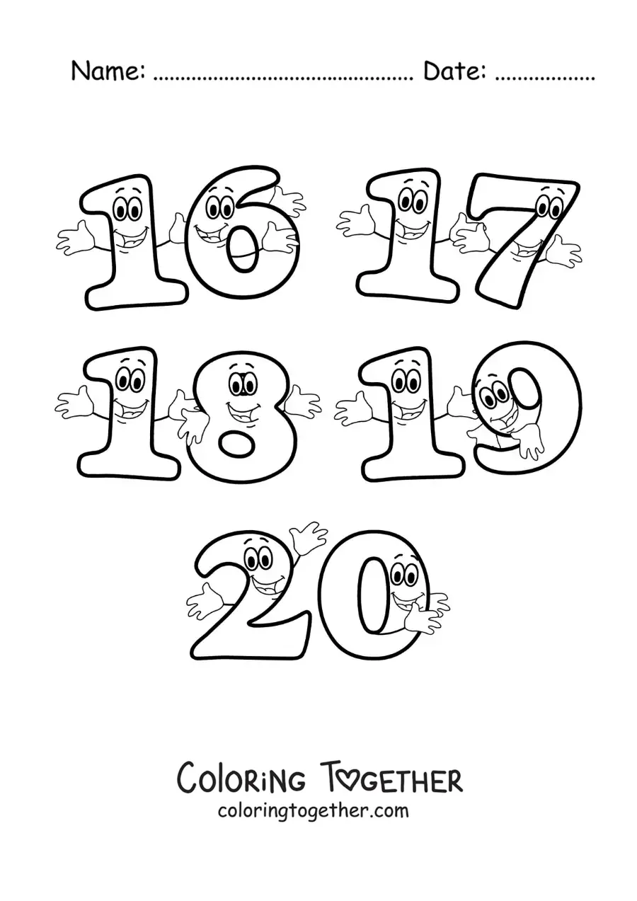 Coloring page of the animated numbers 16 to 20 for kids