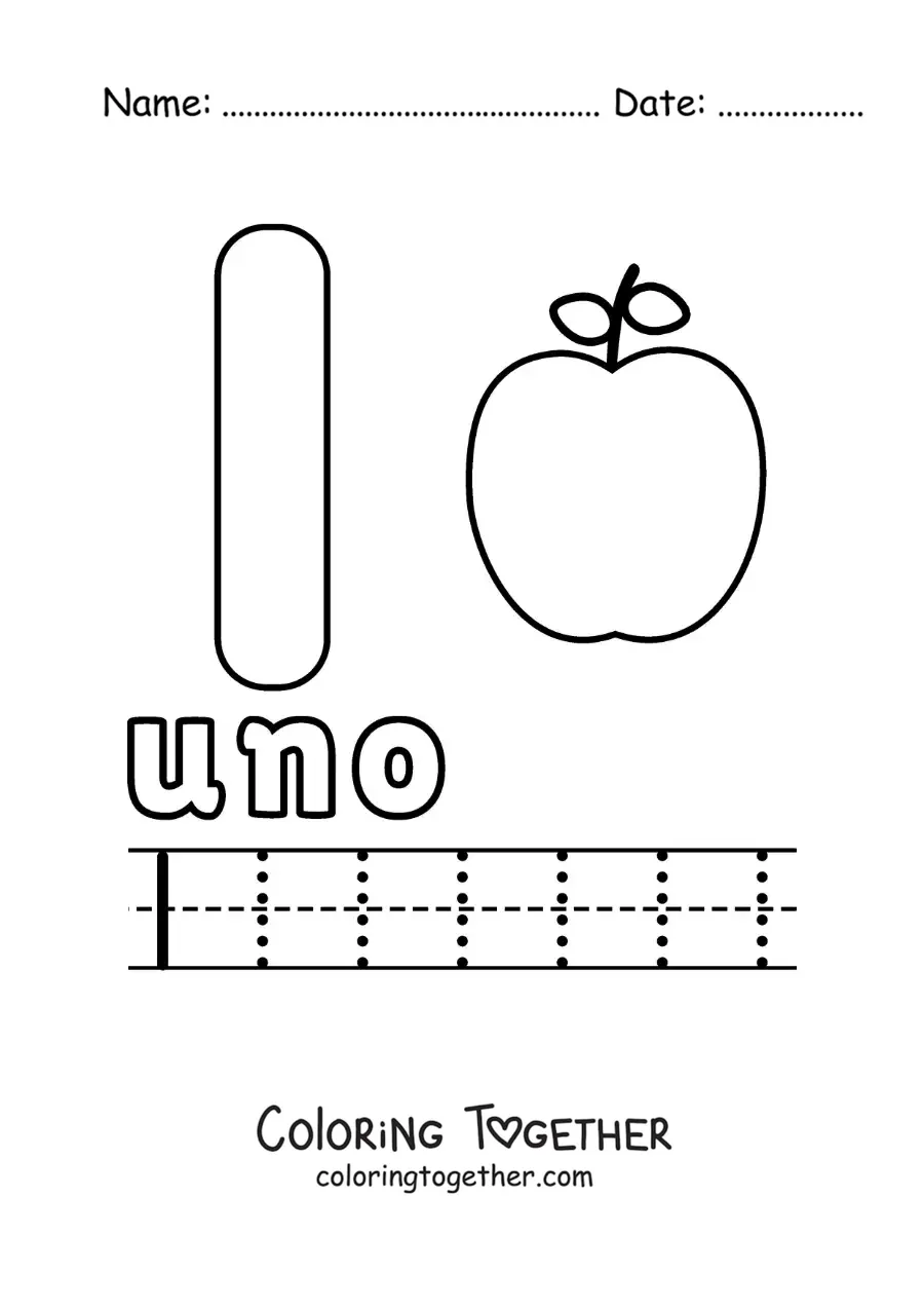 Coloring page of the number 1 with objects to learn to count and trace