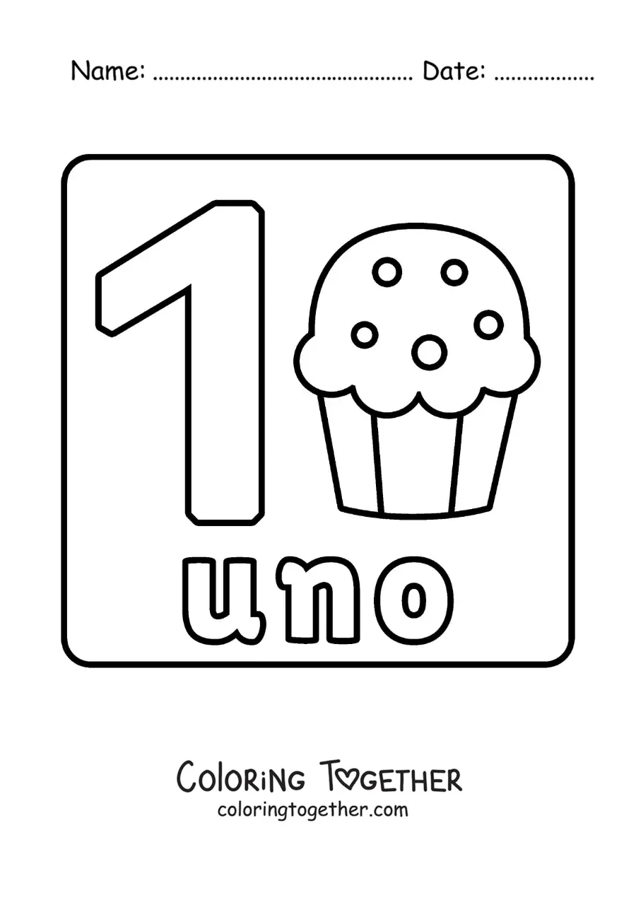 Coloring page of the number 1 with objects to learn to count