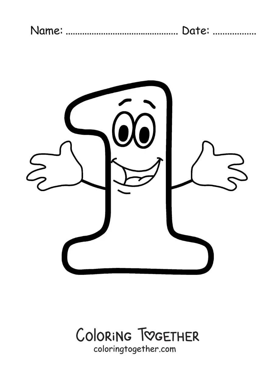 Coloring page of the animated number 1 dancing for kids