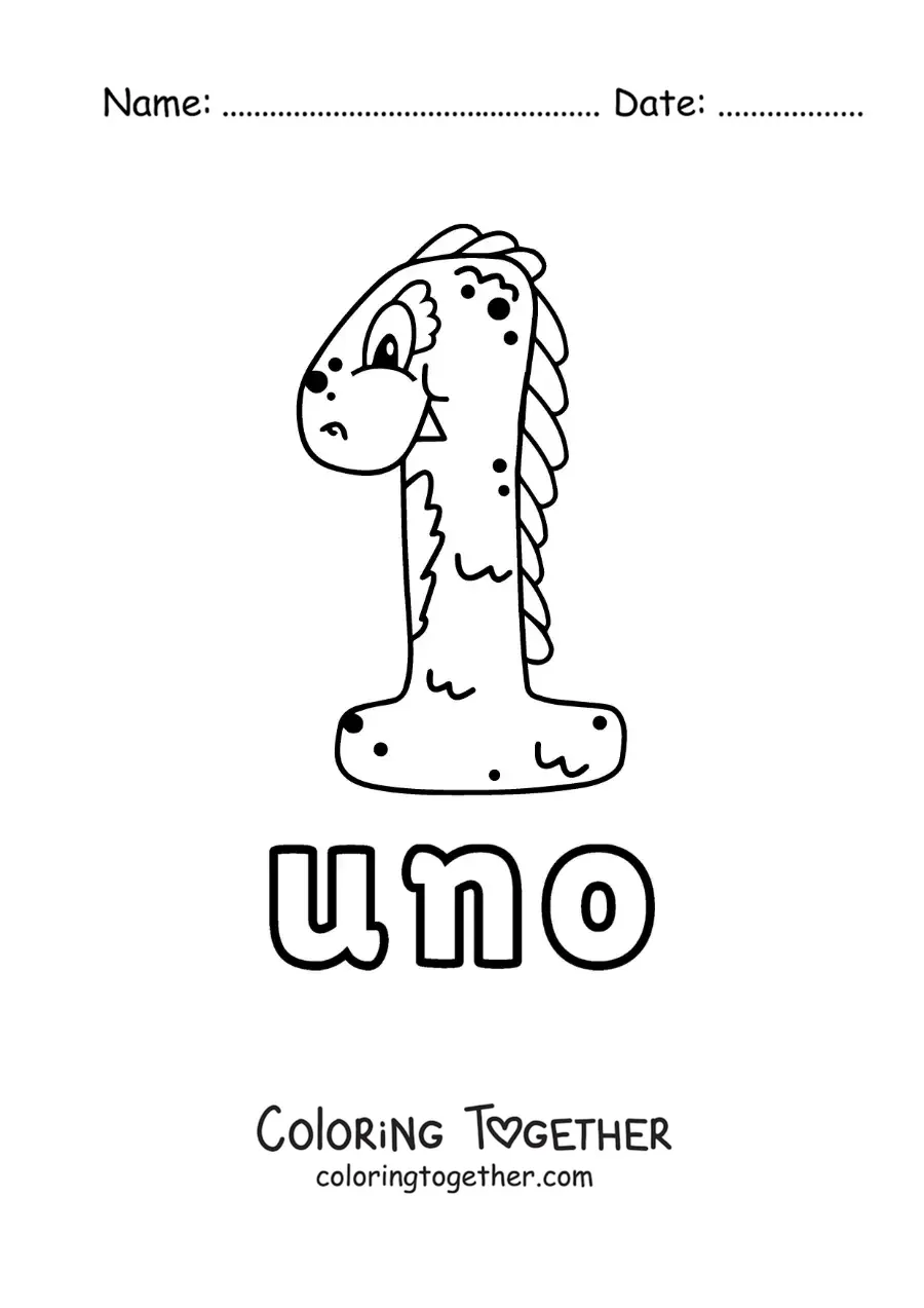 Coloring page of the number 1 shaped like an animated Halloween monster