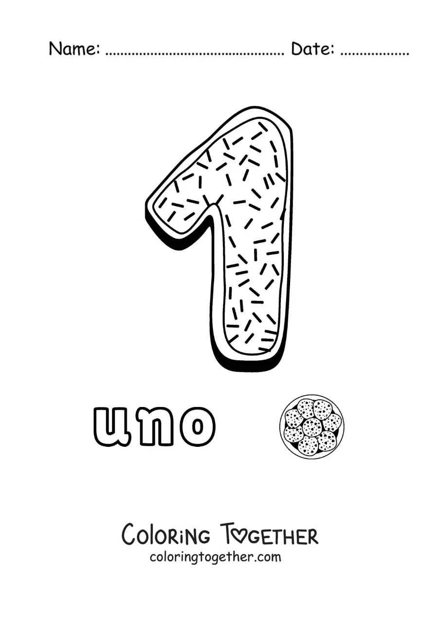 Coloring page of the animated number 1 shaped like a cookie with objects to count