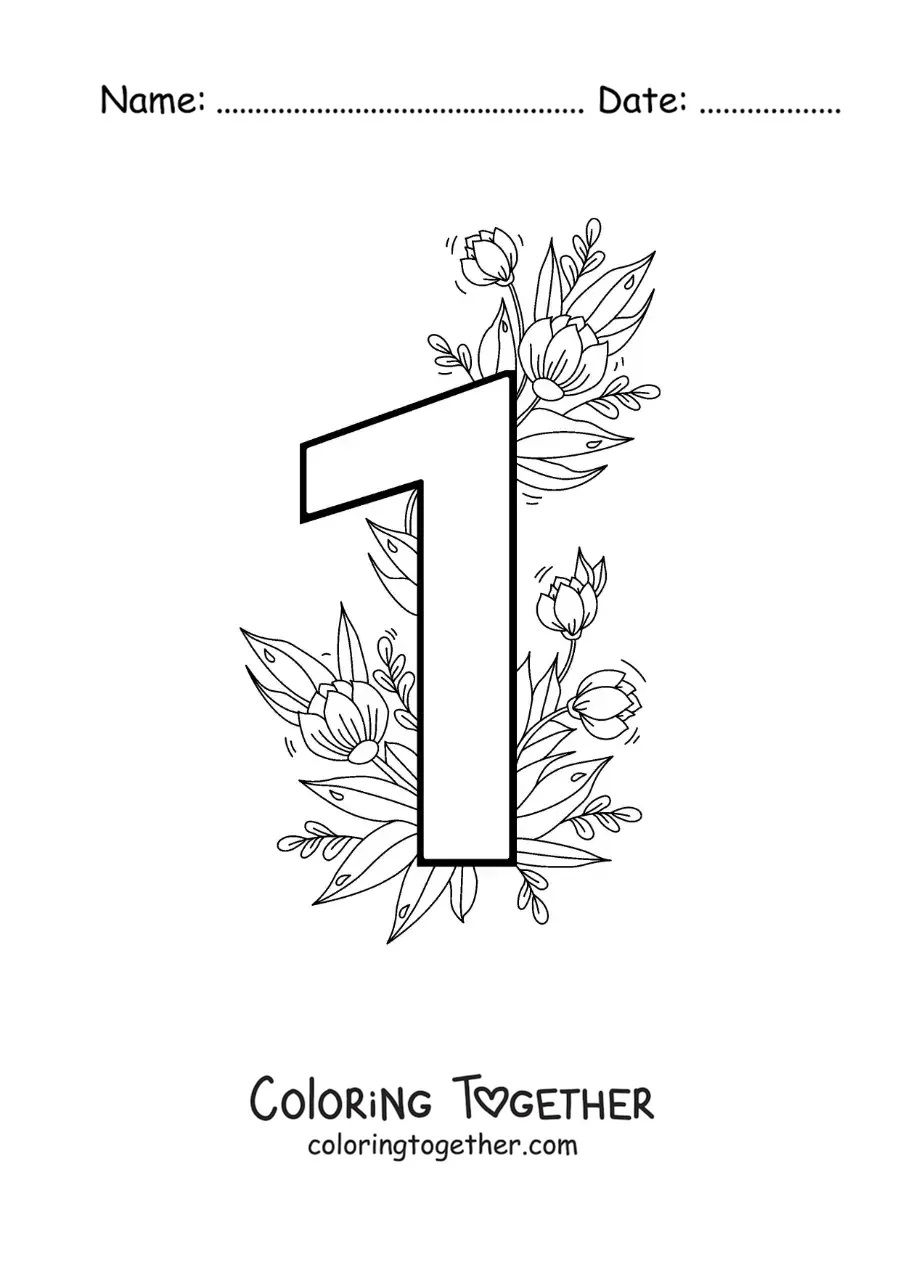 Coloring page of the number 1 decorated with flowers